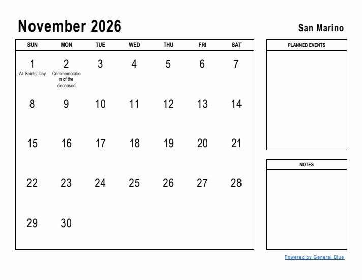 November 2026 Printable Monthly Calendar with San Marino Holidays