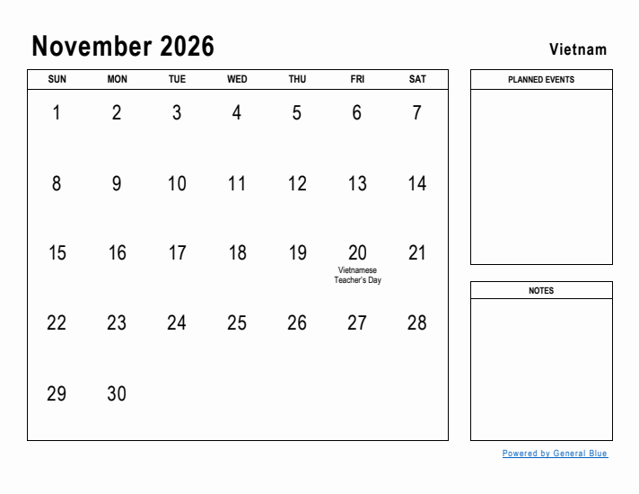 November 2026 Printable Monthly Calendar with Vietnam Holidays