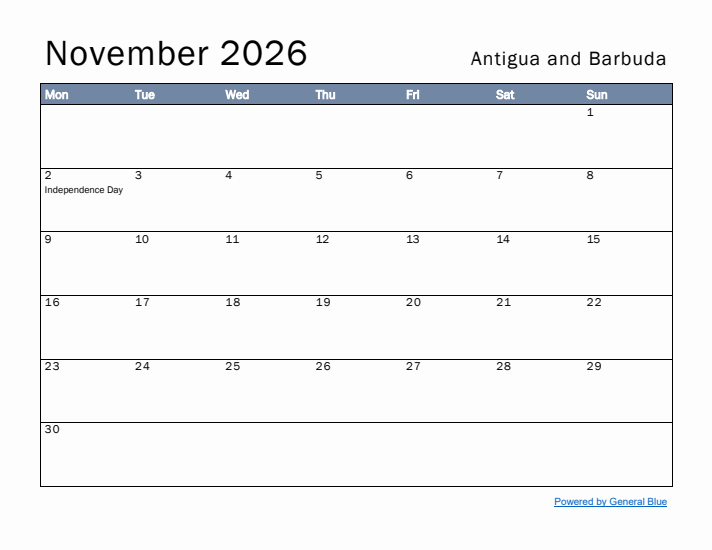 November 2026 Simple Monthly Calendar for Antigua and Barbuda