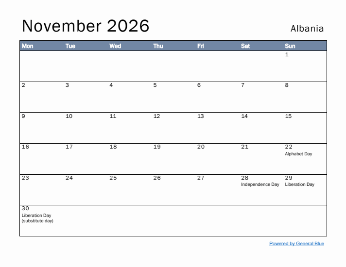 November 2026 Simple Monthly Calendar for Albania