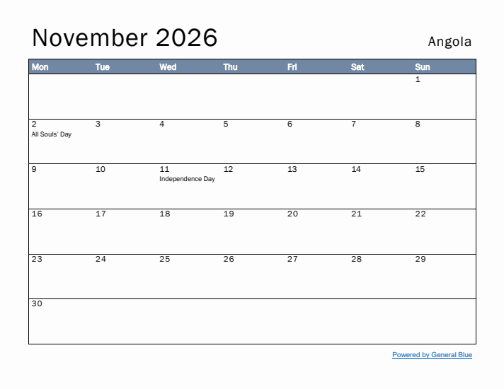 November 2026 Simple Monthly Calendar for Angola