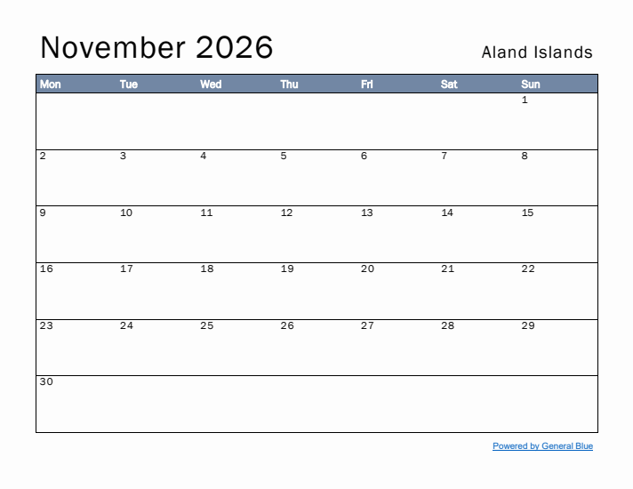 November 2026 Simple Monthly Calendar for Aland Islands