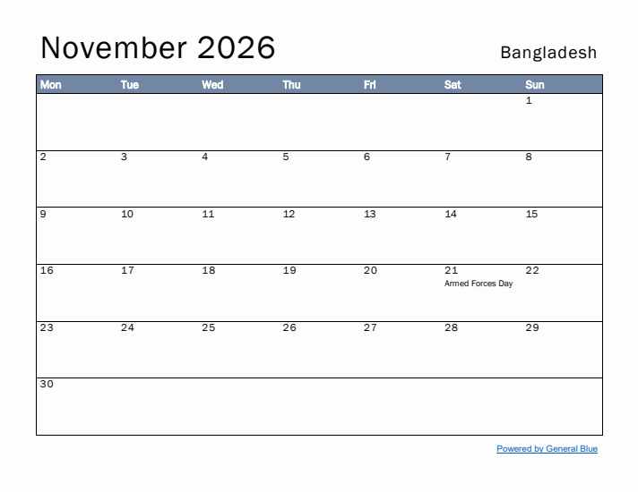 November 2026 Simple Monthly Calendar for Bangladesh