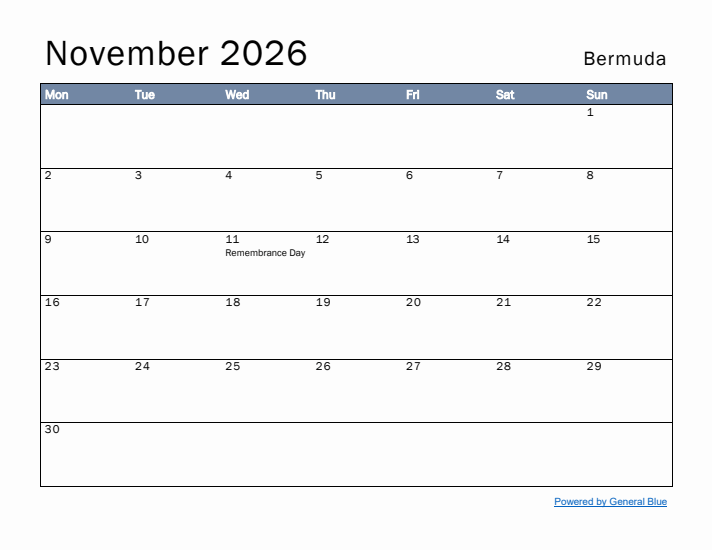 November 2026 Simple Monthly Calendar for Bermuda