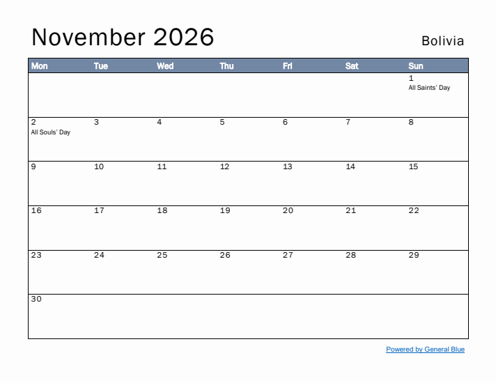 November 2026 Simple Monthly Calendar for Bolivia