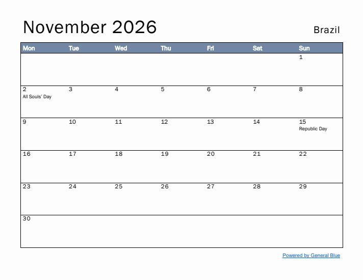 November 2026 Simple Monthly Calendar for Brazil