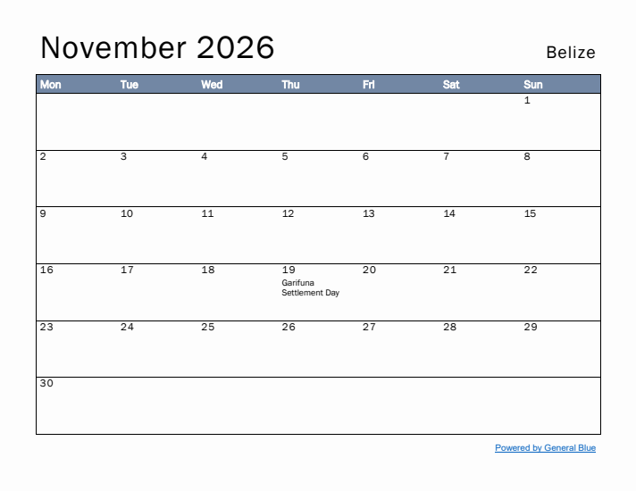 November 2026 Simple Monthly Calendar for Belize