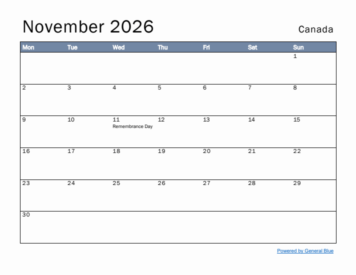 November 2026 Simple Monthly Calendar for Canada