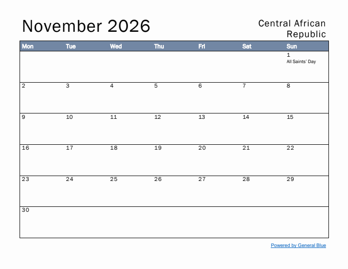 November 2026 Simple Monthly Calendar for Central African Republic