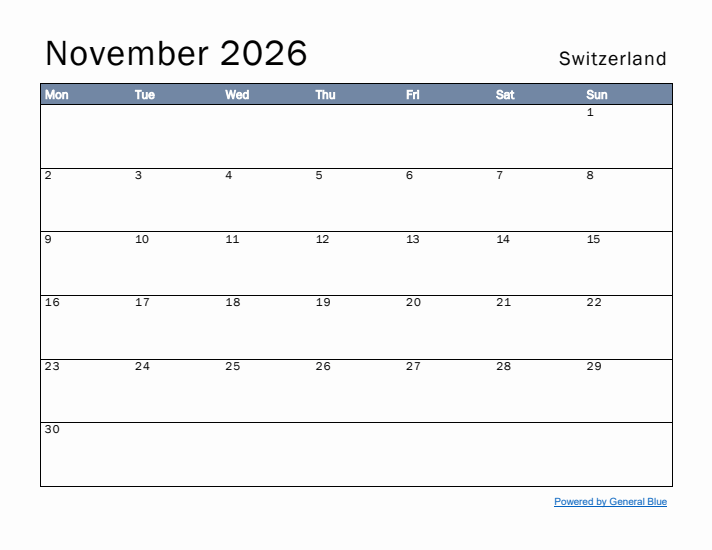 November 2026 Simple Monthly Calendar for Switzerland