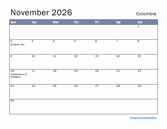 November 2026 Simple Monthly Calendar for Colombia