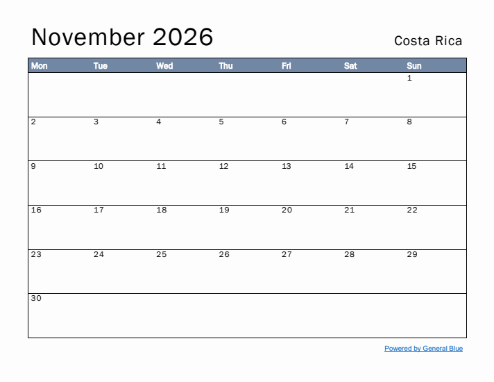 November 2026 Simple Monthly Calendar for Costa Rica