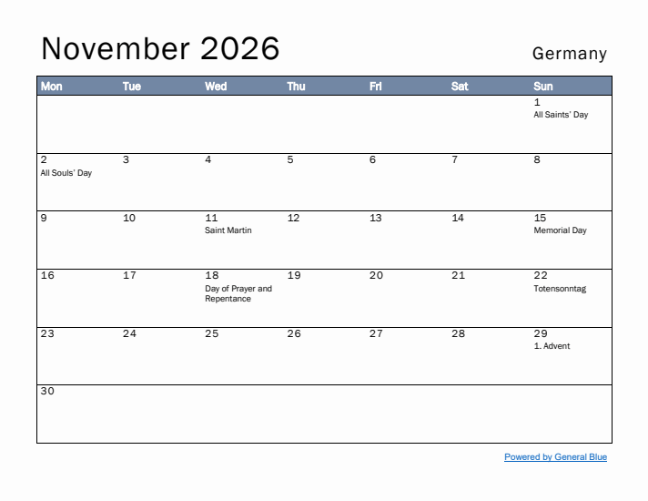 November 2026 Simple Monthly Calendar for Germany