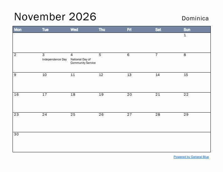 November 2026 Simple Monthly Calendar for Dominica