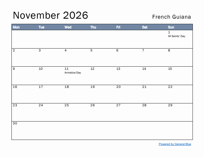 November 2026 Simple Monthly Calendar for French Guiana