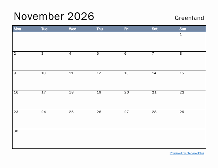 November 2026 Simple Monthly Calendar for Greenland