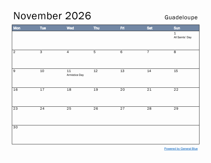 November 2026 Simple Monthly Calendar for Guadeloupe