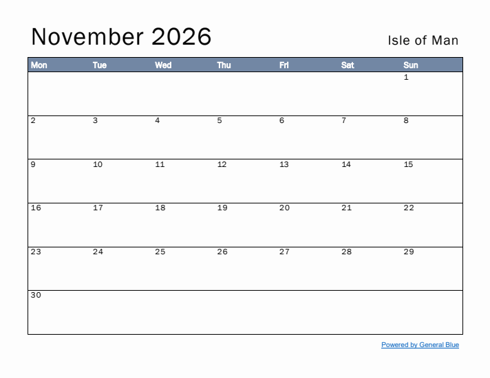 November 2026 Simple Monthly Calendar for Isle of Man