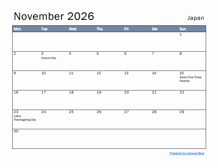 November 2026 Simple Monthly Calendar for Japan