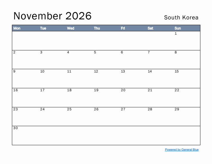 November 2026 Simple Monthly Calendar for South Korea