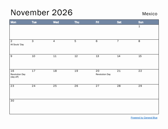 November 2026 Simple Monthly Calendar for Mexico