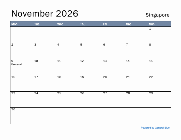 November 2026 Simple Monthly Calendar for Singapore