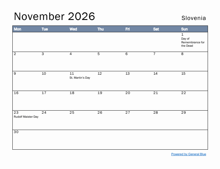 November 2026 Simple Monthly Calendar for Slovenia