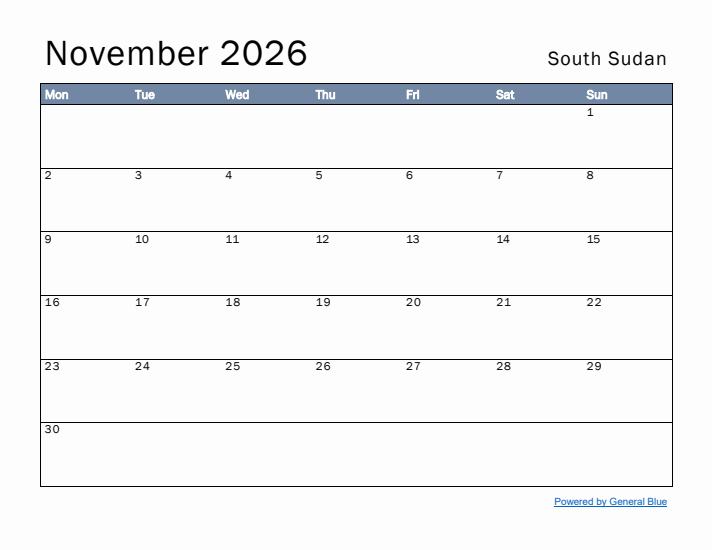 November 2026 Simple Monthly Calendar for South Sudan