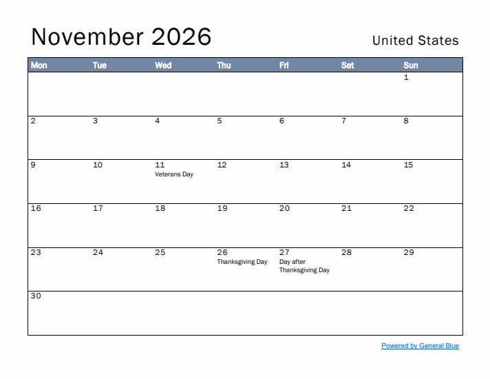 November 2026 Simple Monthly Calendar for United States