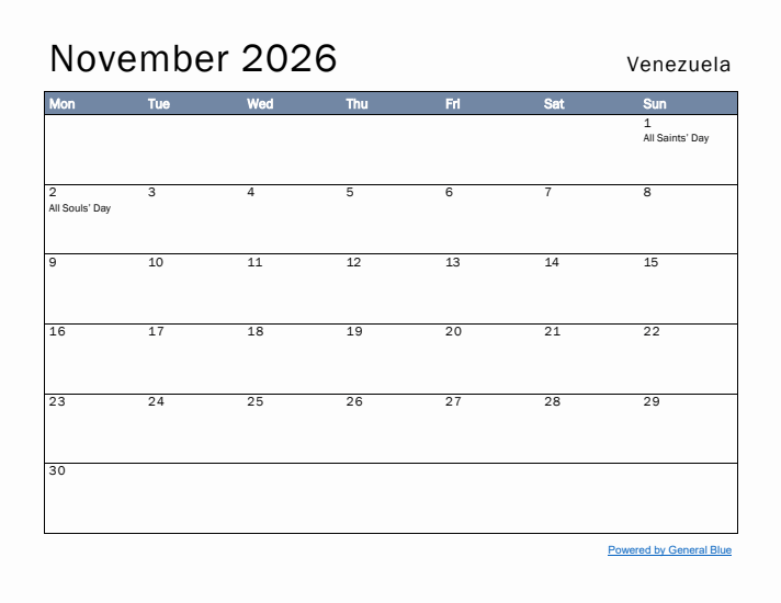 November 2026 Simple Monthly Calendar for Venezuela