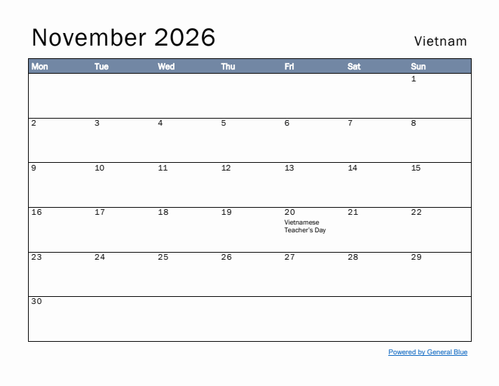 November 2026 Simple Monthly Calendar for Vietnam