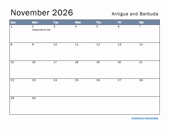 November 2026 Simple Monthly Calendar for Antigua and Barbuda