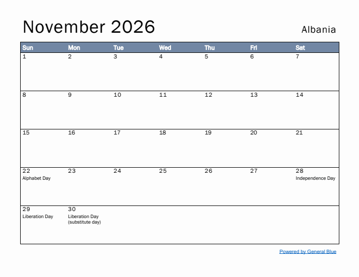 November 2026 Simple Monthly Calendar for Albania