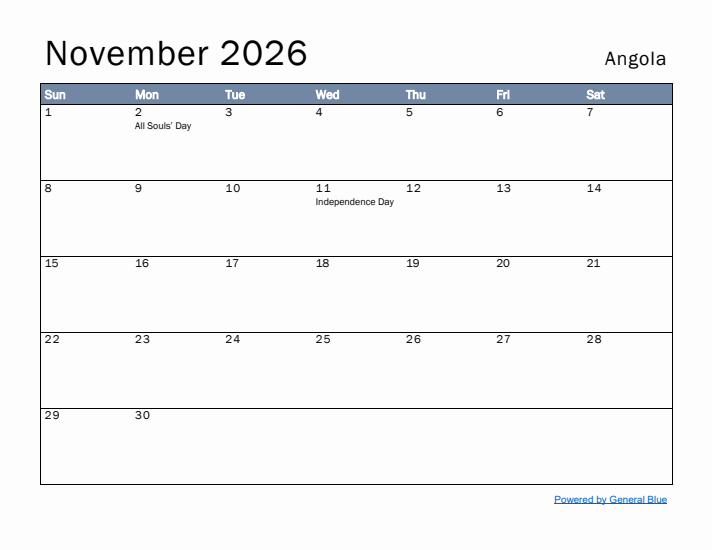 November 2026 Simple Monthly Calendar for Angola