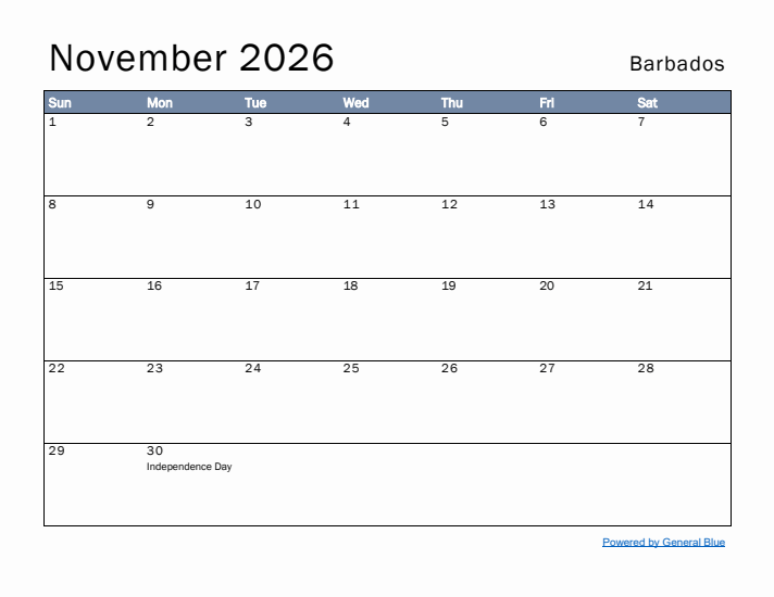 November 2026 Simple Monthly Calendar for Barbados