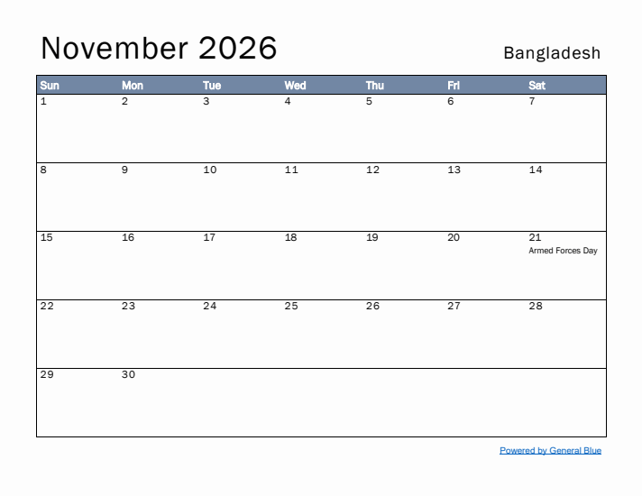 November 2026 Simple Monthly Calendar for Bangladesh