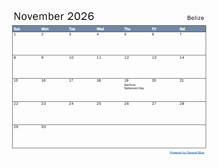 November 2026 Simple Monthly Calendar for Belize