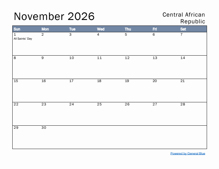 November 2026 Simple Monthly Calendar for Central African Republic