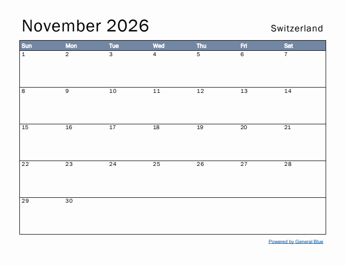 November 2026 Simple Monthly Calendar for Switzerland