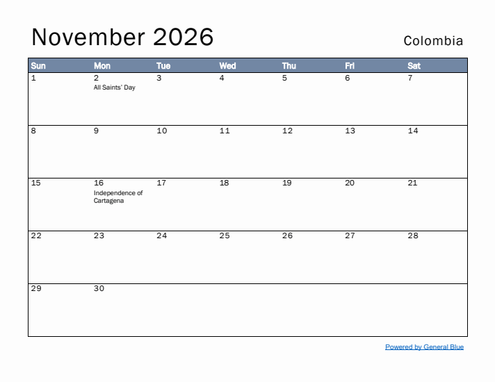 November 2026 Simple Monthly Calendar for Colombia