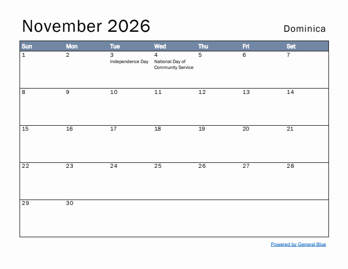 November 2026 Simple Monthly Calendar for Dominica