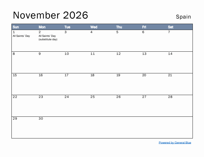 November 2026 Simple Monthly Calendar for Spain