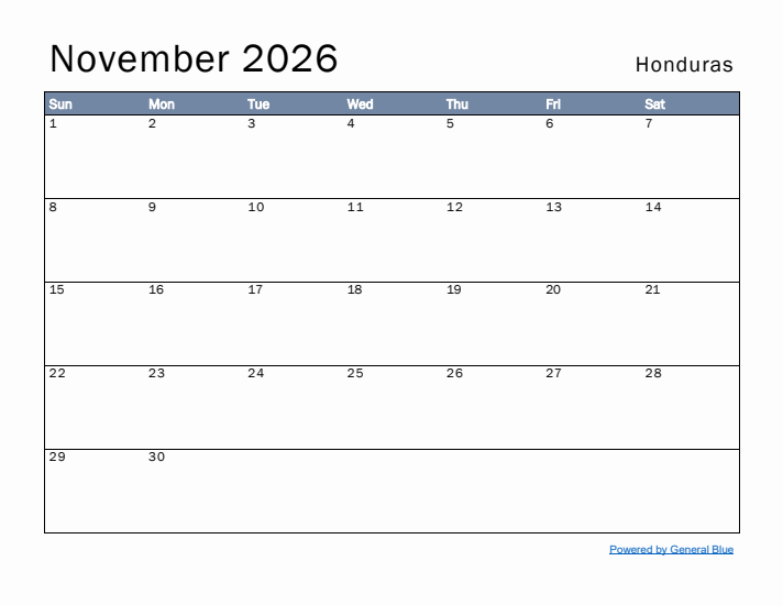 November 2026 Simple Monthly Calendar for Honduras