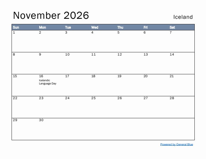 November 2026 Simple Monthly Calendar for Iceland