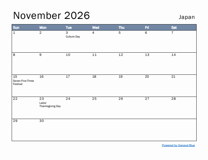 November 2026 Simple Monthly Calendar for Japan