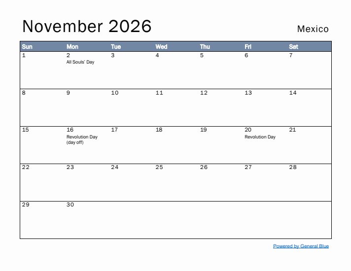 November 2026 Simple Monthly Calendar for Mexico