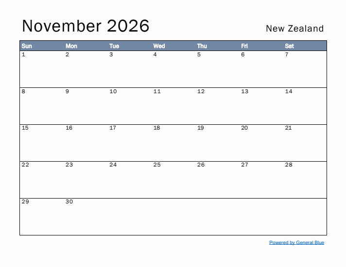 November 2026 Simple Monthly Calendar for New Zealand