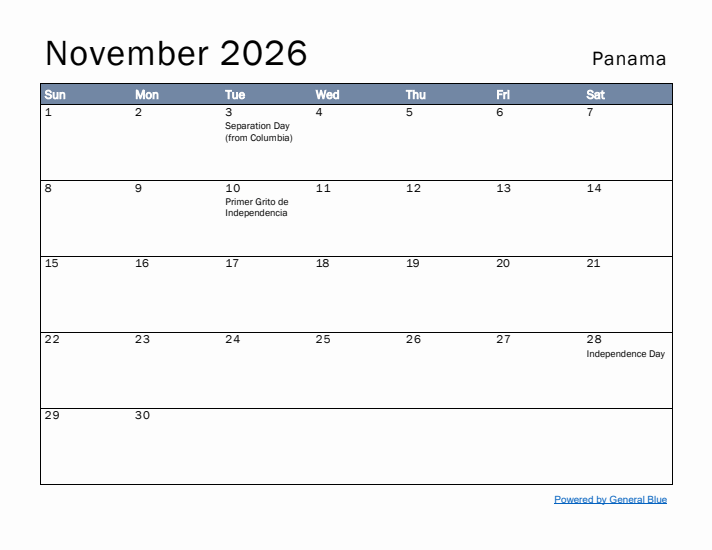 November 2026 Simple Monthly Calendar for Panama