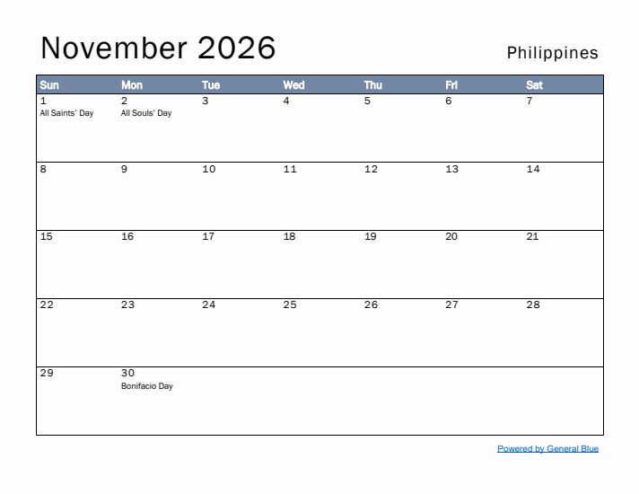 November 2026 Simple Monthly Calendar for Philippines