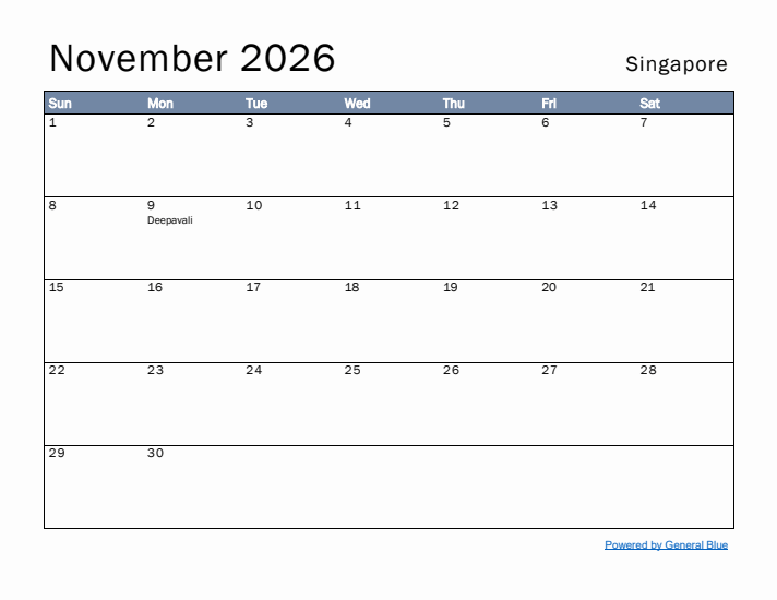 November 2026 Simple Monthly Calendar for Singapore